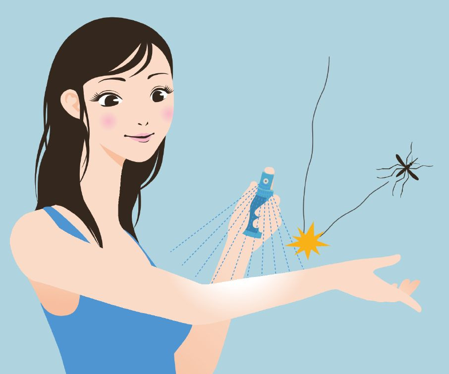 Gezeichnete Frau sprüht Arm mit Insektenspray ein.
