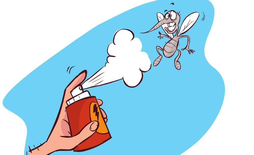Gezeichnete Mücke wird mit Spray bekämpft