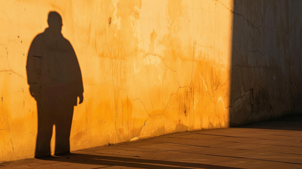 Schatten eines übergewichtigen Manns vor einer gelben Wand