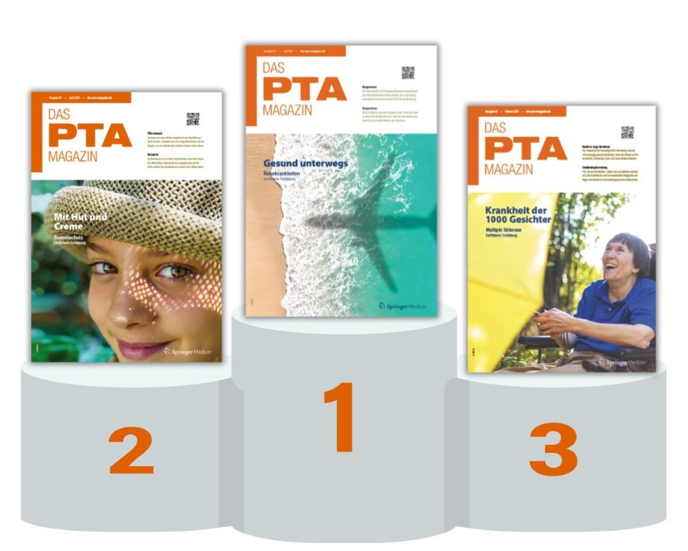 Drei Titelbilder von DAS PTA MAGAZIN auf dem Siegertreppchen